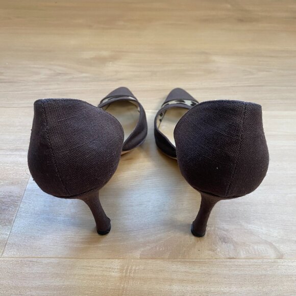 Manolo Blahnik D'orsay Brown Linen Leopard Accent Pumps Pointed Toe Sz 39 / US 9 - Picture 7 of 11